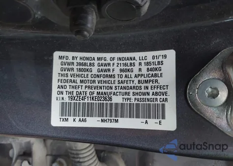 2019 Honda Insight Lx z USA, uszkodzony, nr VIN 19XZE4F11KE023636